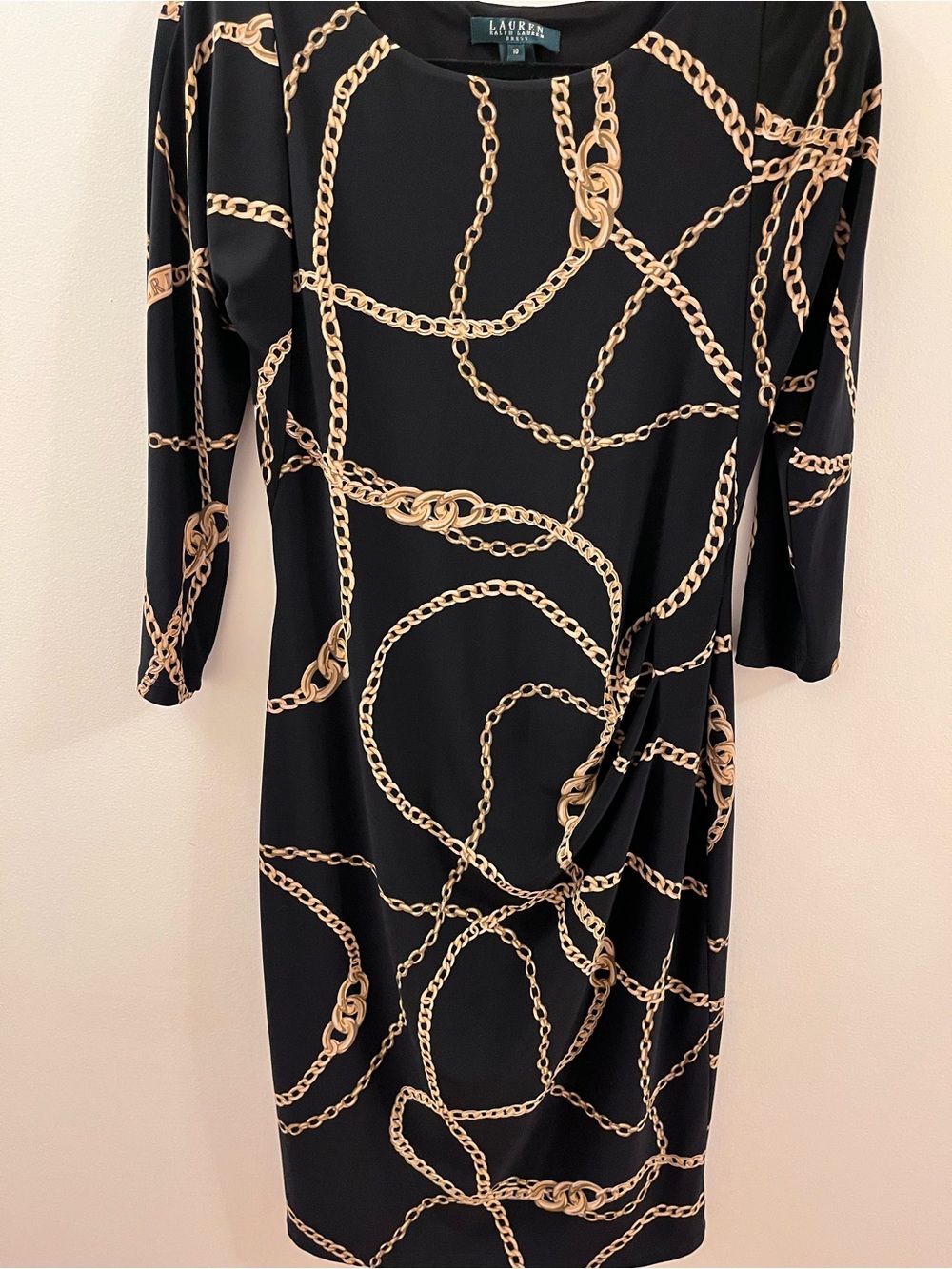 Lauren Ralph Lauren Black Midi Dress with Gold Chain Print - Size 10